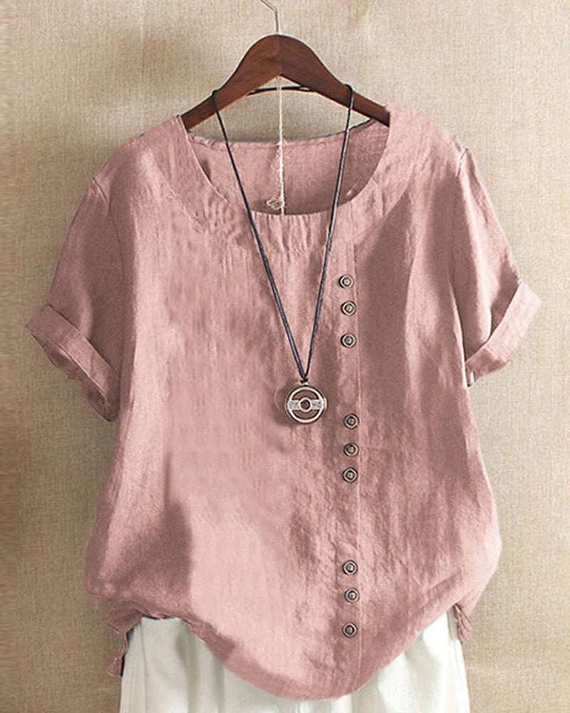 Lino | Top Casual de Cuello Redondo con Botones para Mujer de Manga Corta