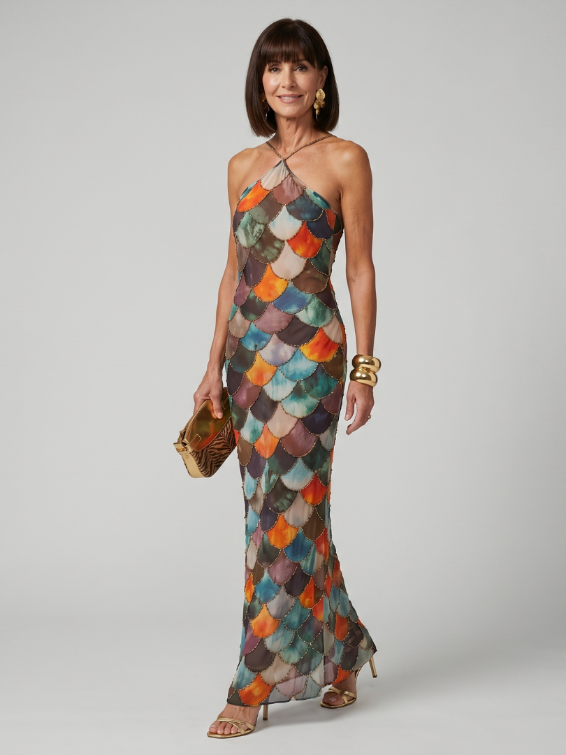 Larkin | Vestido Maxi Ajustado de Patrón de Escamas Multicolor