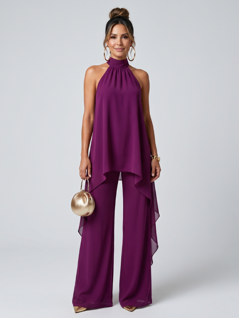 Zareen | Conjunto de Top Túnica Asimétrico y Pantalones de Pierna Ancha