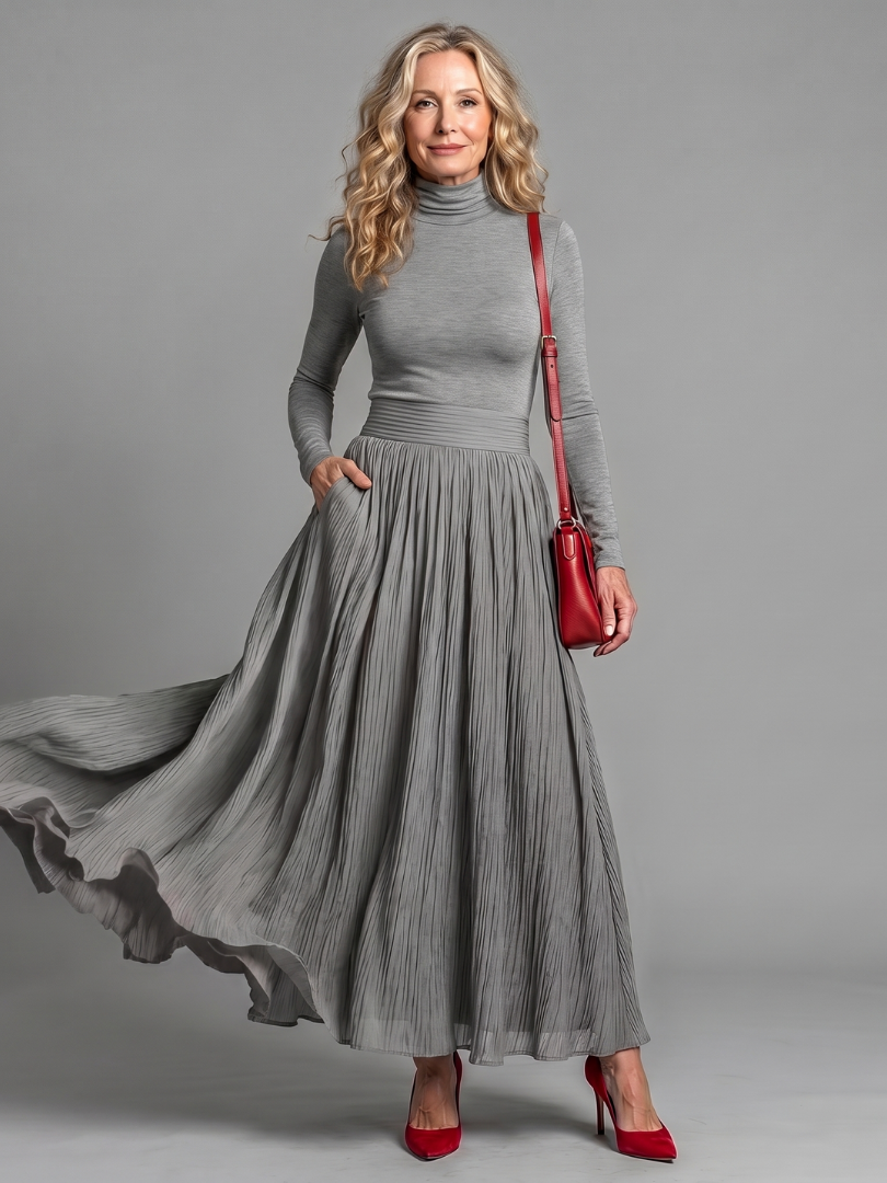 Lana | Vestido Midi de Cuello Alto y Manga Larga con Cintura Ajustada