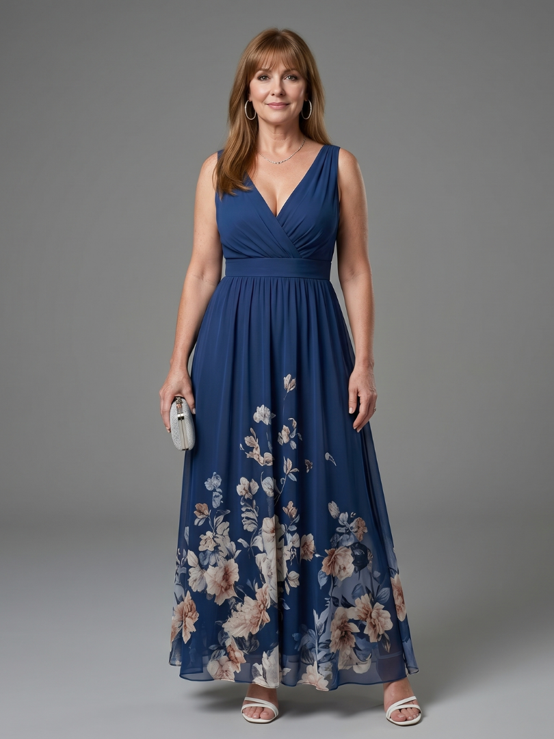 Clarissa | Vestido midi sin mangas con escote en V y dobladillo floral suave