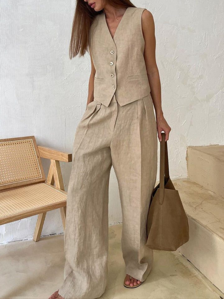 Conjunto de Pantalones Anchos Plisados con Escote en V en Color Lila