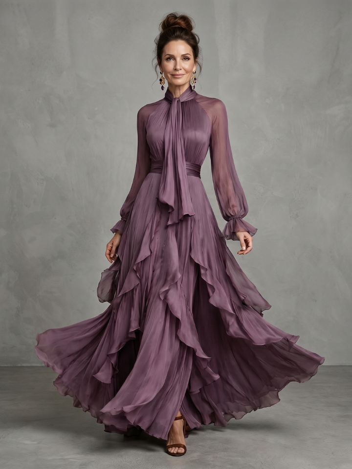 Demetria | Vestido Maxi con Cuello de Lazo y Volantes