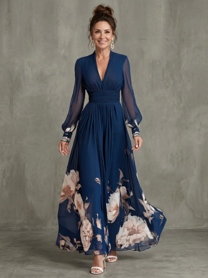 Ziva | Vestido Maxi con Mangas Transparentes Plisadas