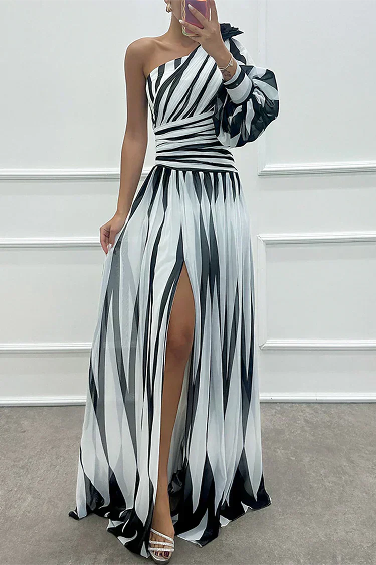 Ellis & Johnson™ | Elegante Vestido Maxi a Rayas de Un Hombro