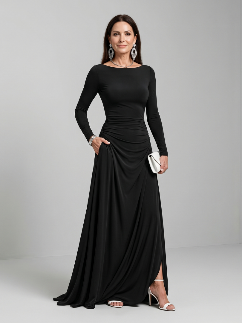 Gyram | Vestido Maxi Fluido de Manga Larga con Escote Barco