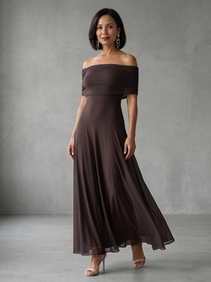 Junio | Vestido Midi Drapado con Hombros al Descubierto