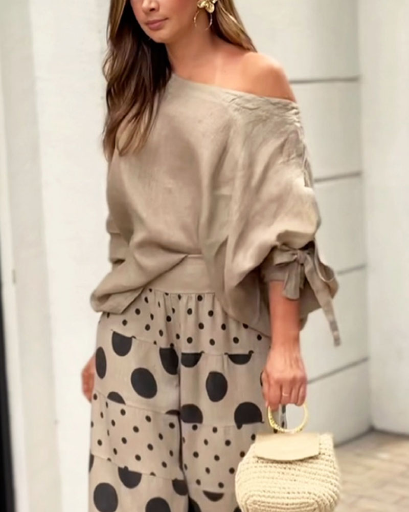 Conjunto de Top Casual con Hombros Descubiertos y Pantalones Estampados Samantha