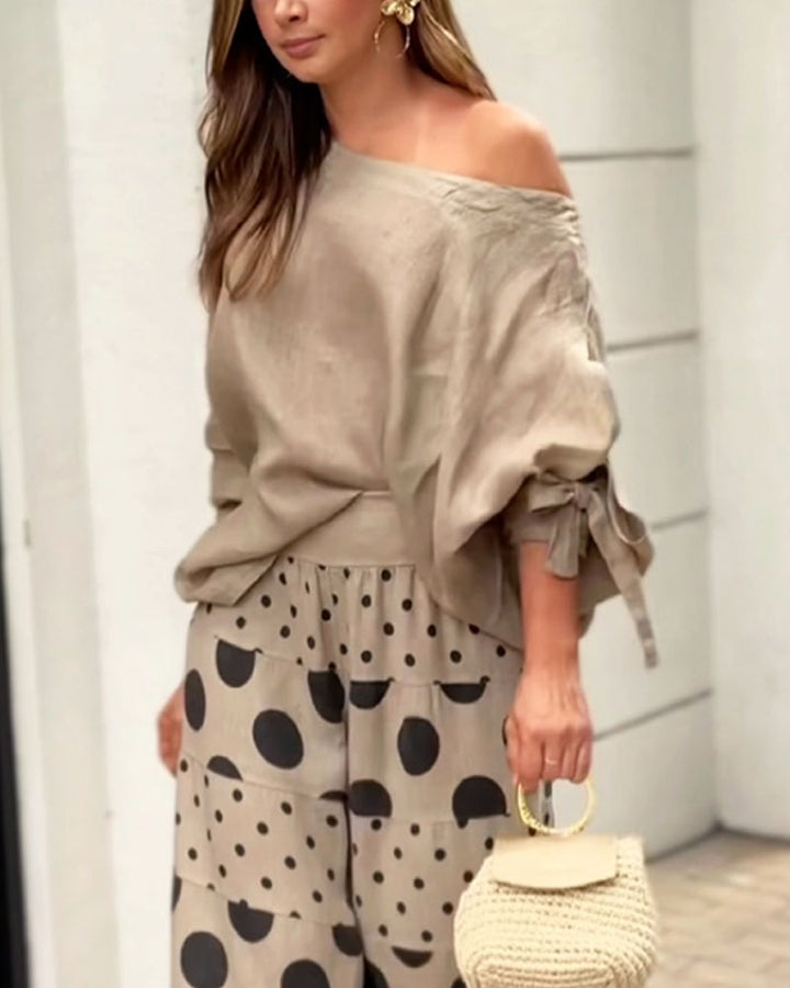Conjunto de Top Casual con Hombros Descubiertos y Pantalones Estampados Samantha