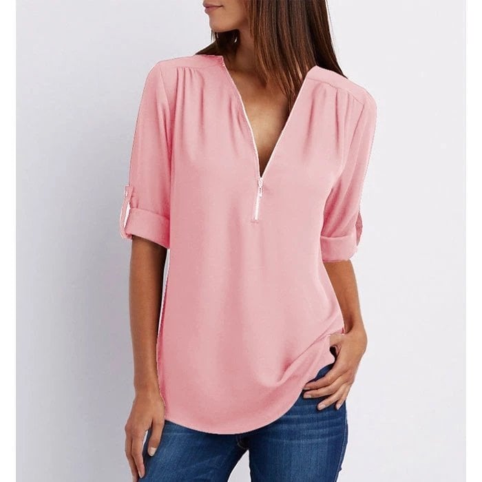 Rosé | Blusa Casual de Cuello en V con Cremallera y Manga Corta para Dama