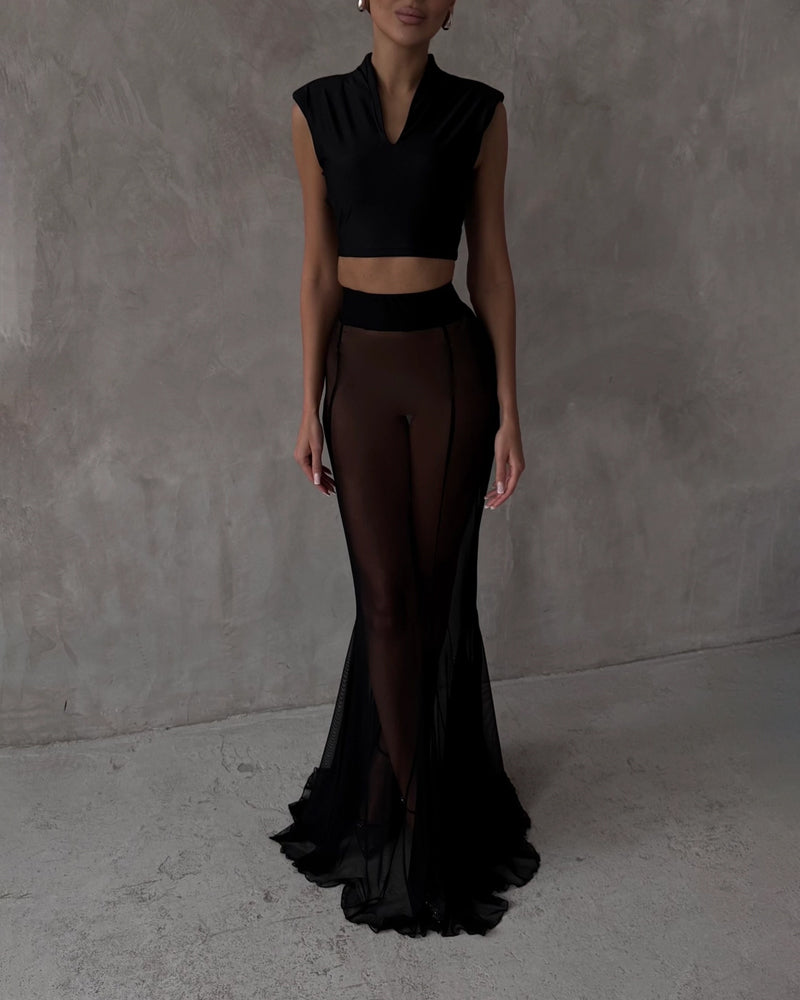 Conjunto de Chaqueta de Moda Lila y Falda Transparente