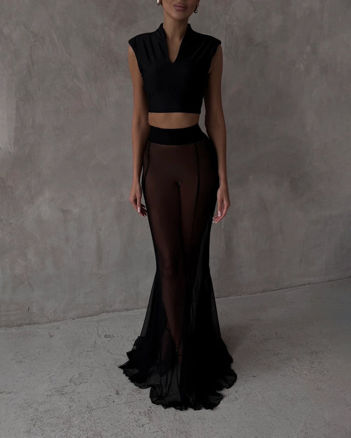 Conjunto de Chaqueta de Moda Lila y Falda Transparente