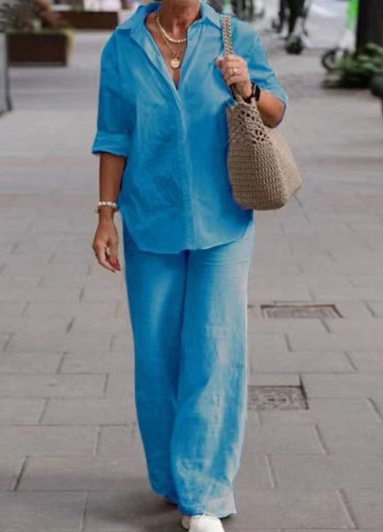 Denice™ Elegante Conjunto Casual de Dos Piezas | Camisa de Botones Suelta y Pantalón Amplio