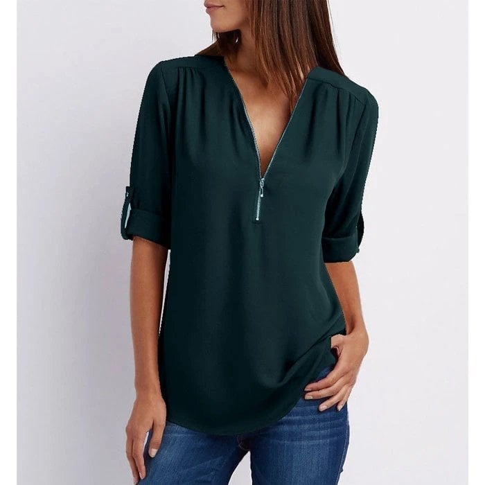 Rosé | Blusa Casual de Cuello en V con Cremallera y Manga Corta para Dama