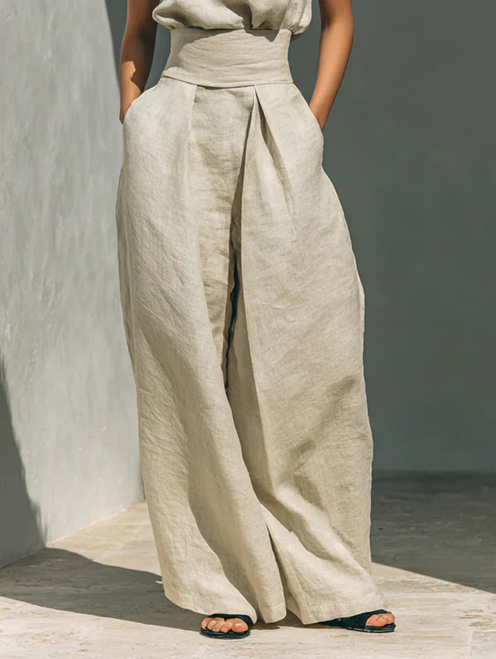 Flor™ | Conjunto minimalista de blusa sin mangas y pantalón de pierna ancha en algodón y lino para mujer