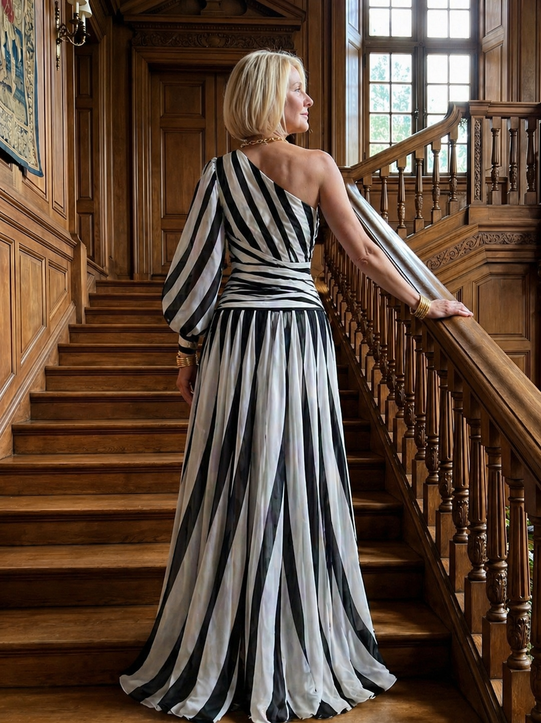 Ellis & Johnson™ | Elegante Vestido Maxi a Rayas de Un Hombro