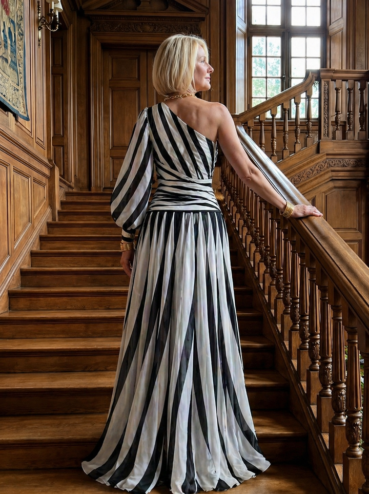 Ellis & Johnson™ | Elegante Vestido Maxi a Rayas de Un Hombro