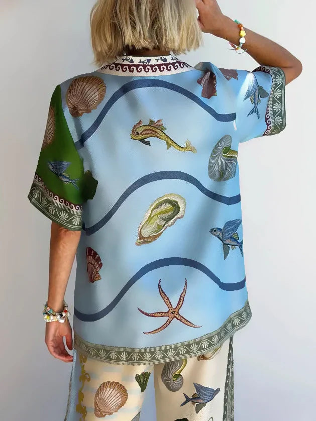 Conjunto de Impresión Floral en Tonos Marinos