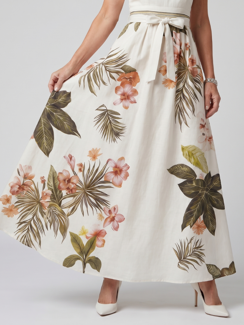 Meadow | Vestido Maxi de Panel Botánico con Cuello Halter Drapado