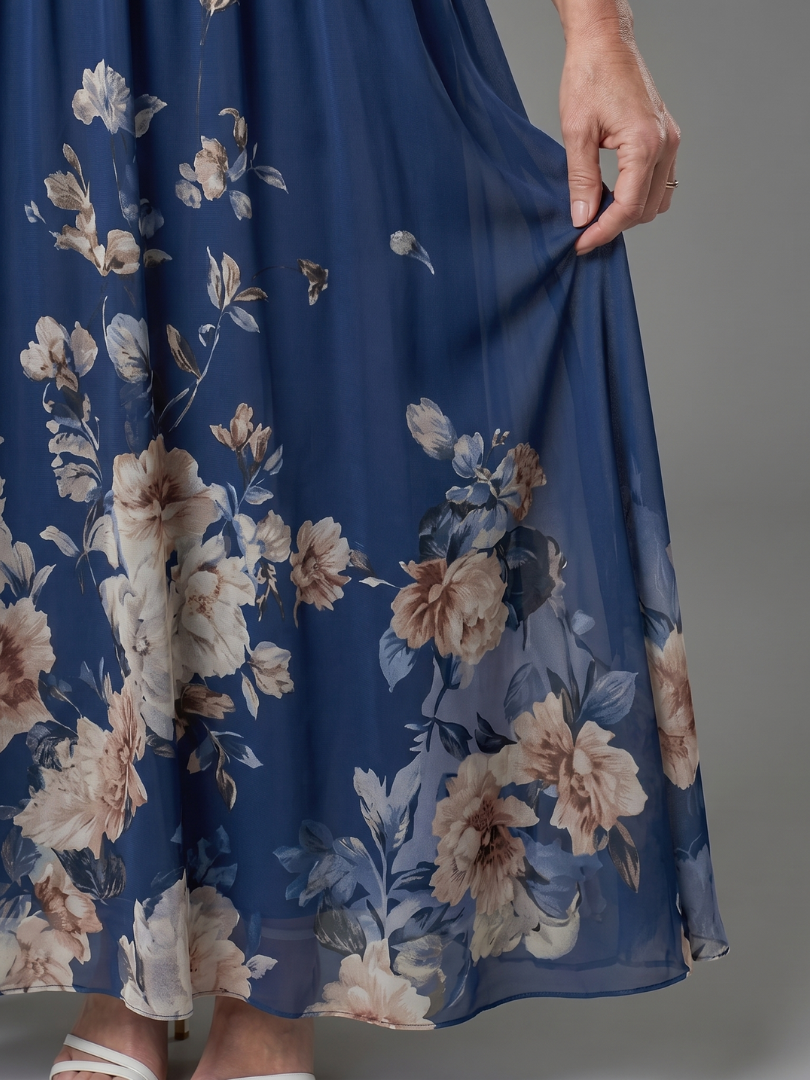 Clarissa | Vestido midi sin mangas con escote en V y dobladillo floral suave