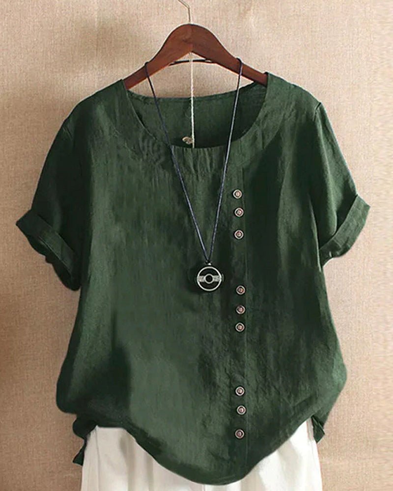 Lino | Top Casual de Cuello Redondo con Botones para Mujer de Manga Corta