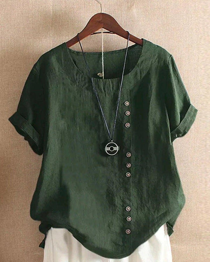 Lino | Top Casual de Cuello Redondo con Botones para Mujer de Manga Corta