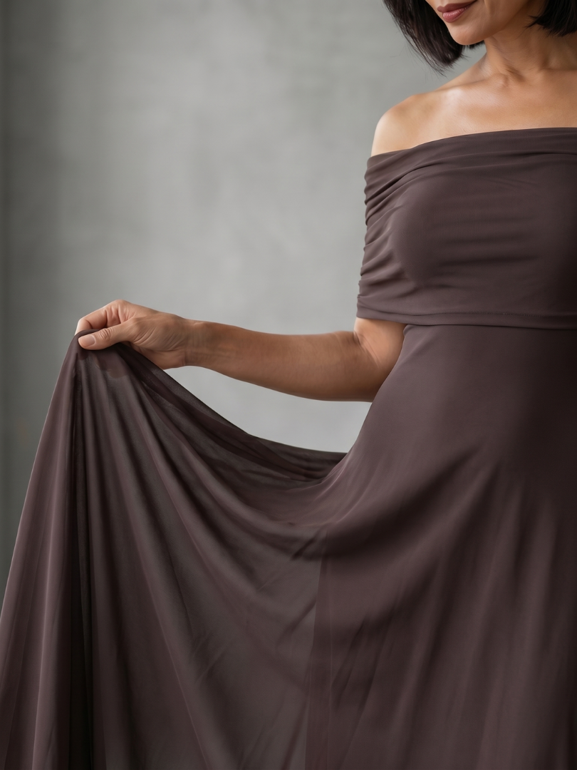 Junio | Vestido Midi Drapado con Hombros al Descubierto