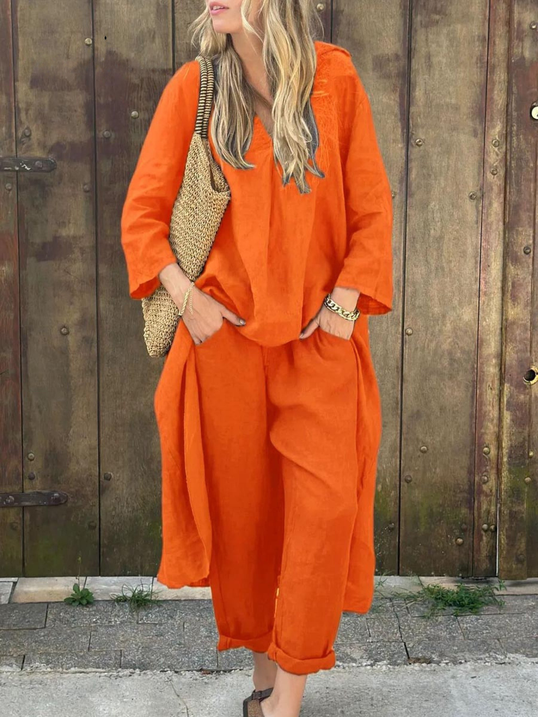 Conjunto de Top de Cuello en V Lila y Pantalones de Pierna Ancha