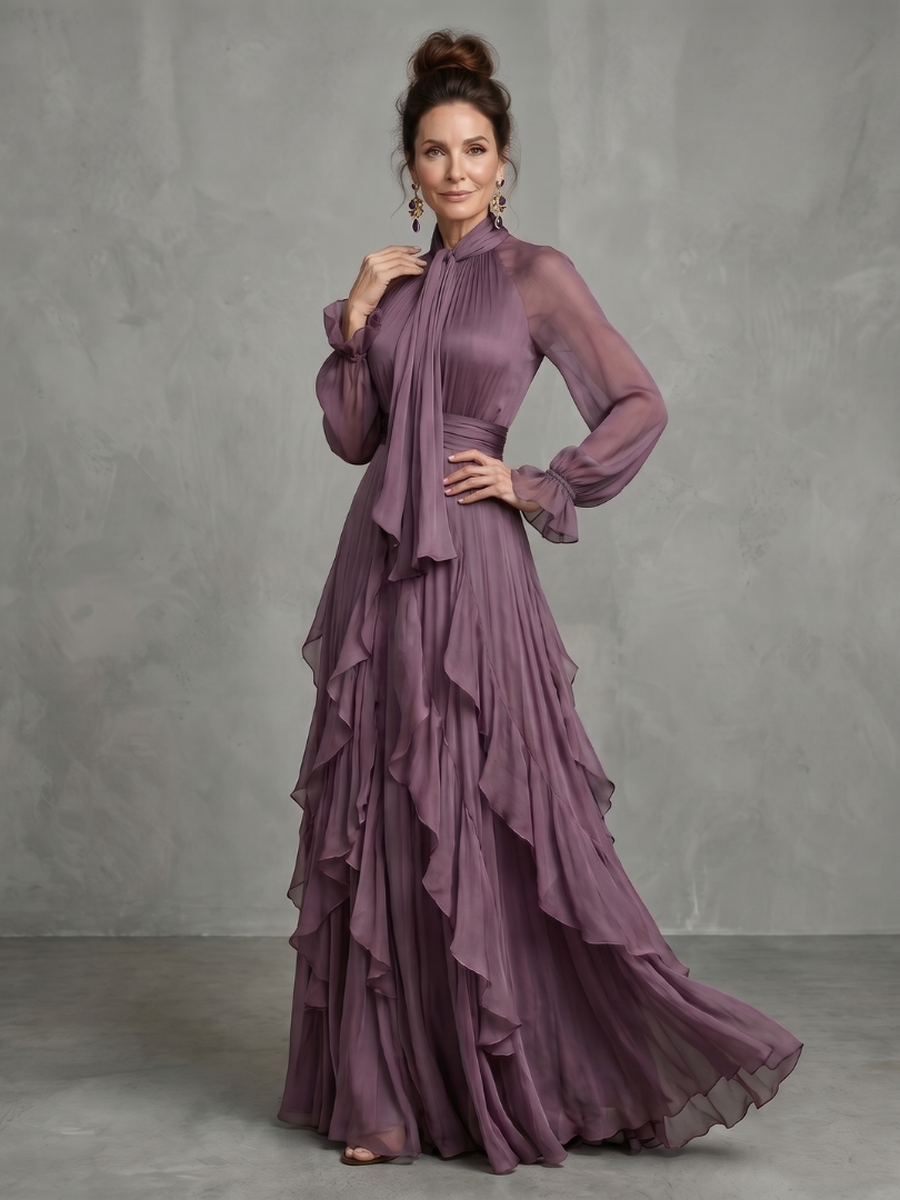 Demetria | Vestido Maxi con Cuello de Lazo y Volantes