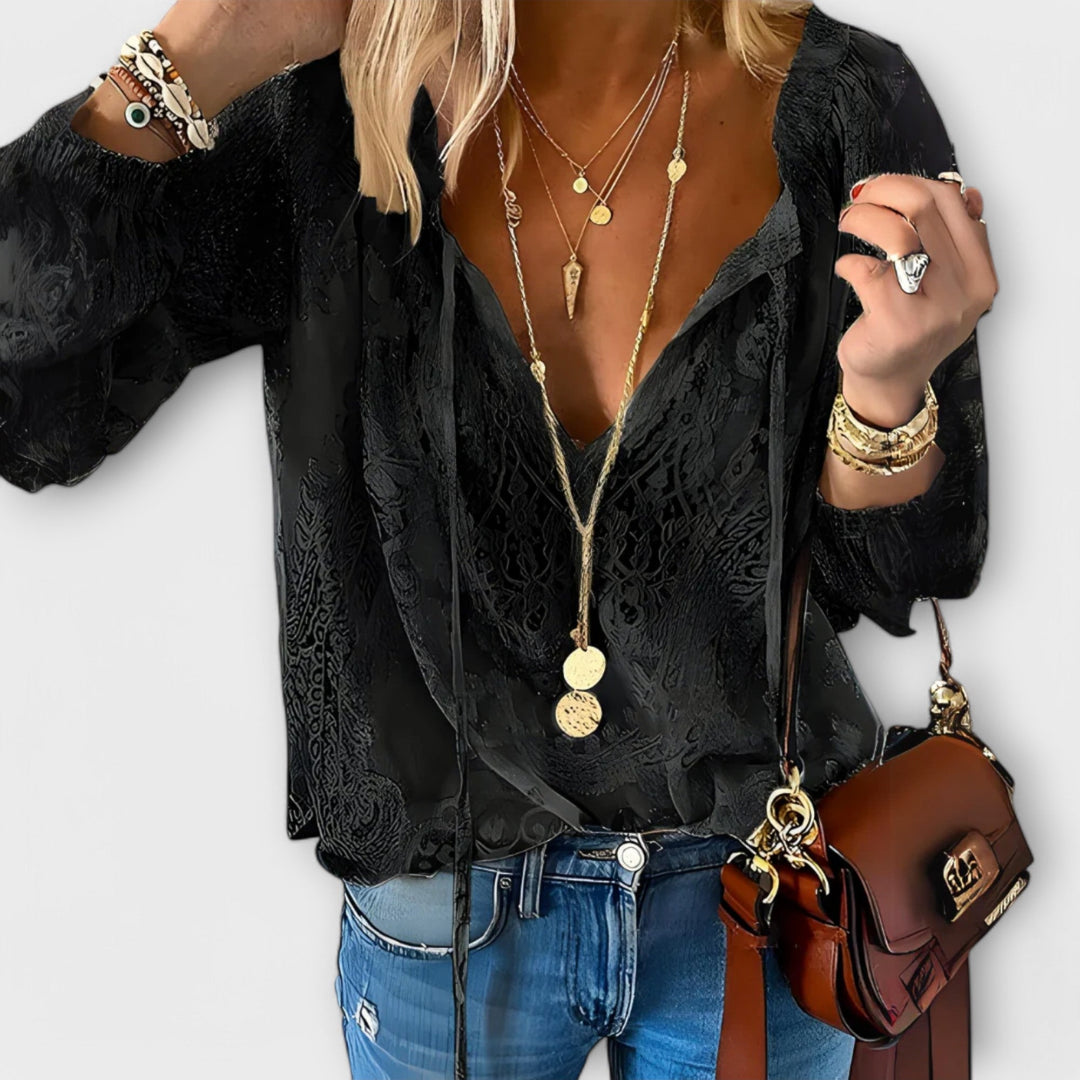 Celeste | Blusa de Encaje con Escote en V para Mujeres, Manga Larga, Top Bohemio