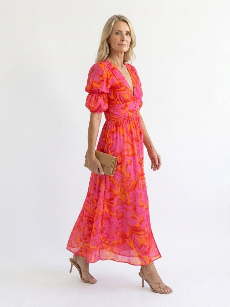 Ellis & Johnson™ | Vestido Midi de Manga Abullonada con Escote en V Floral