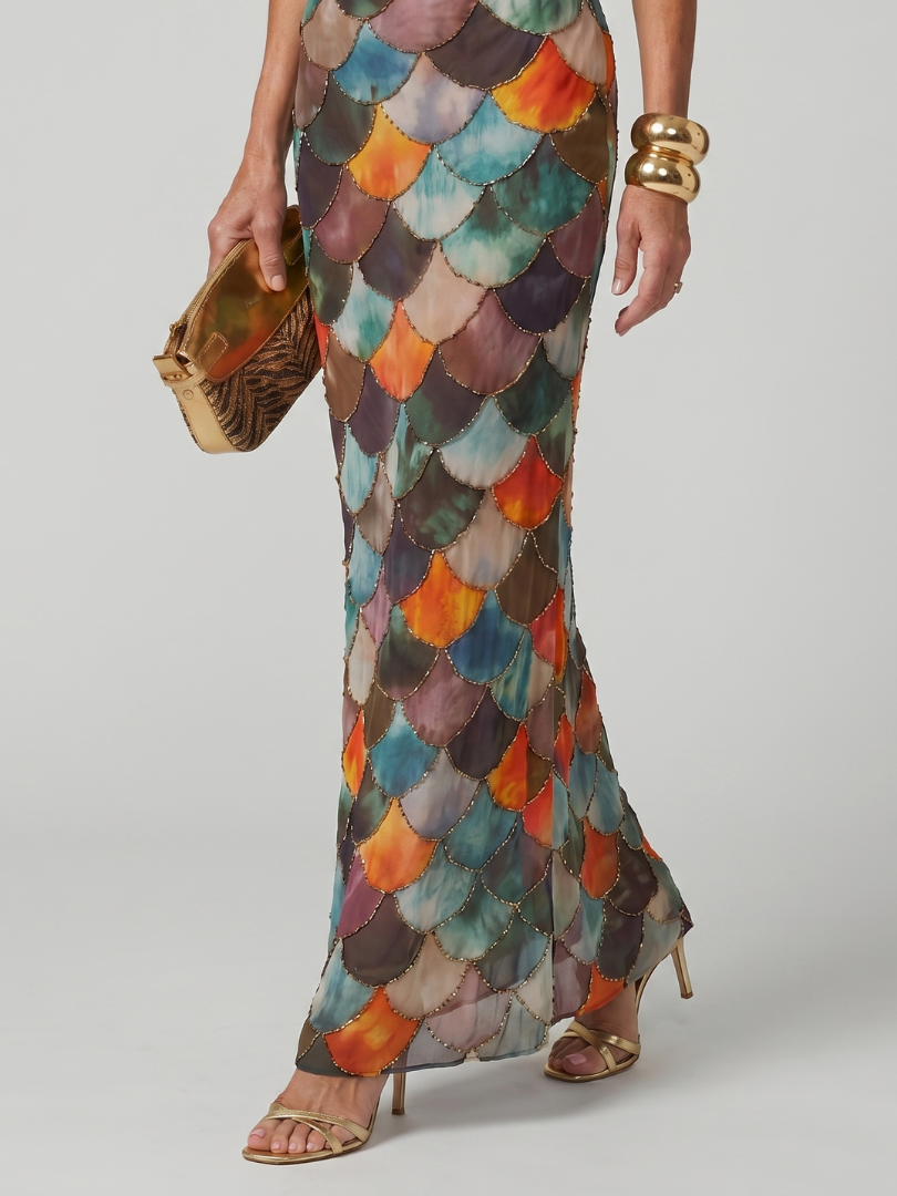 Larkin | Vestido Maxi Ajustado de Patrón de Escamas Multicolor