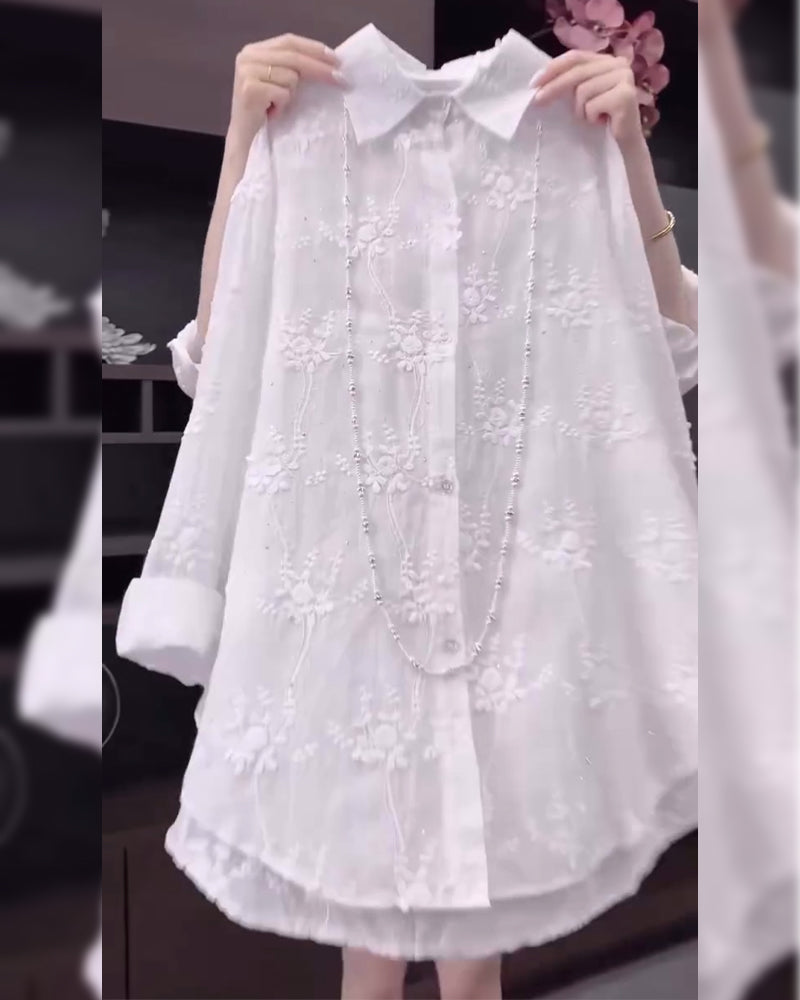 Annalise™ | Camisa Floral de Color Sólido con Hombros Caídos