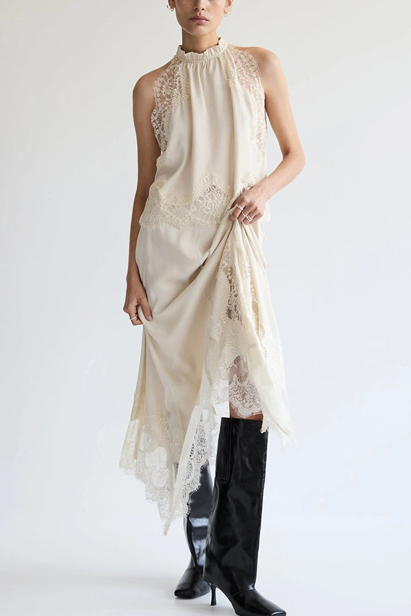 Conjunto de Top de Encaje Plisado Isabella + Falda con Abertura Irregular