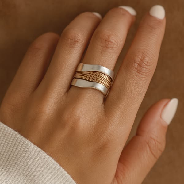 "Anillo de plata con hilos dorados" (The title is already in Spanish. If you need a variation or a different style, please let me know!)