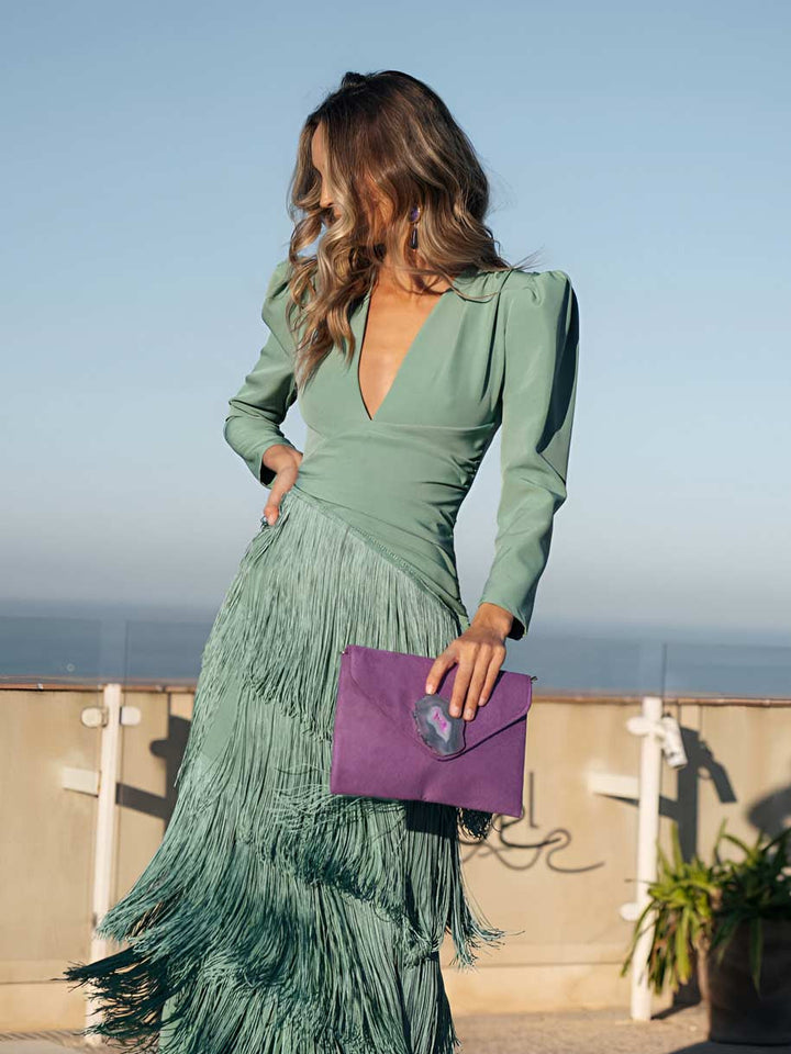 Vestido con Flecos en Salvia