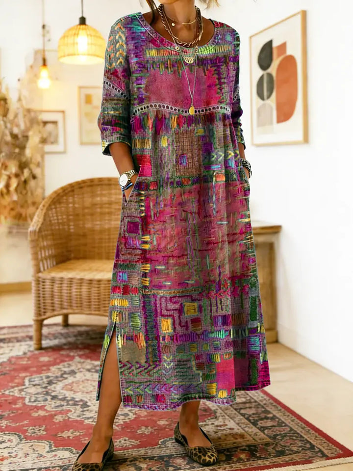 Manuela | Vestido Estampado con Patchwork Étnico
