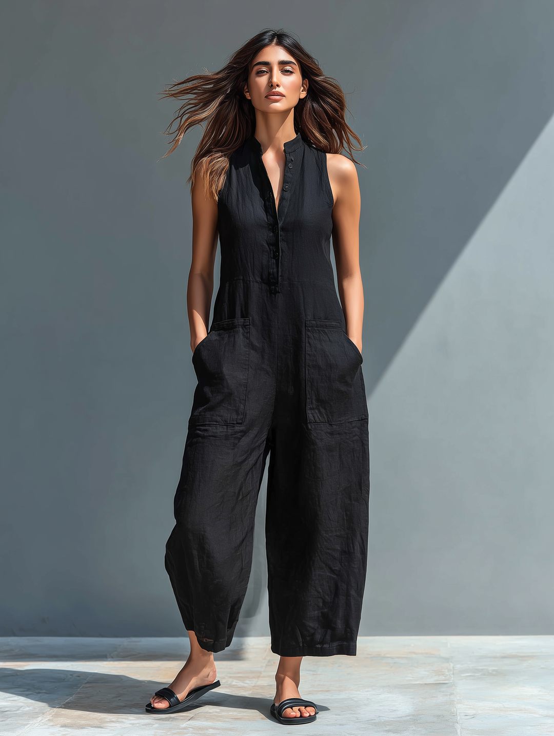 Claudia - Pantalón de tirantes minimalista de lino para mujer, sin mangas, cuello alto y botones