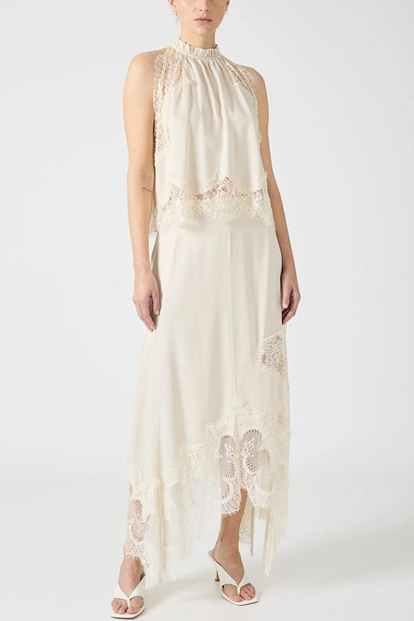 Conjunto de Top de Encaje Plisado Isabella + Falda con Abertura Irregular