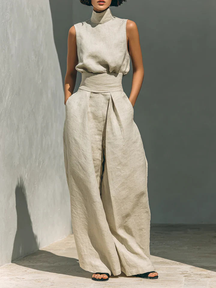 Flor™ | Conjunto minimalista de blusa sin mangas y pantalón de pierna ancha en algodón y lino para mujer