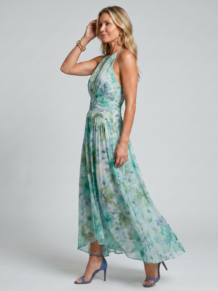 Portia | Vestido Midi Floral con Pliegues y Cuello Halter