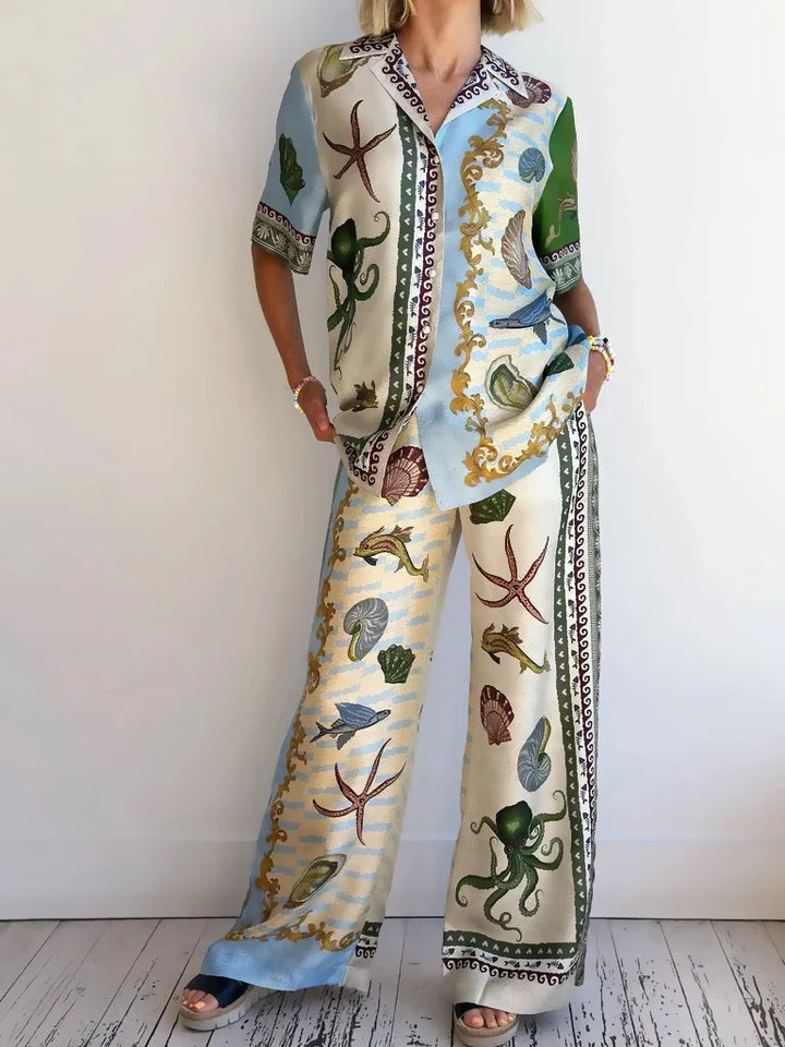 Conjunto de Impresión Floral en Tonos Marinos