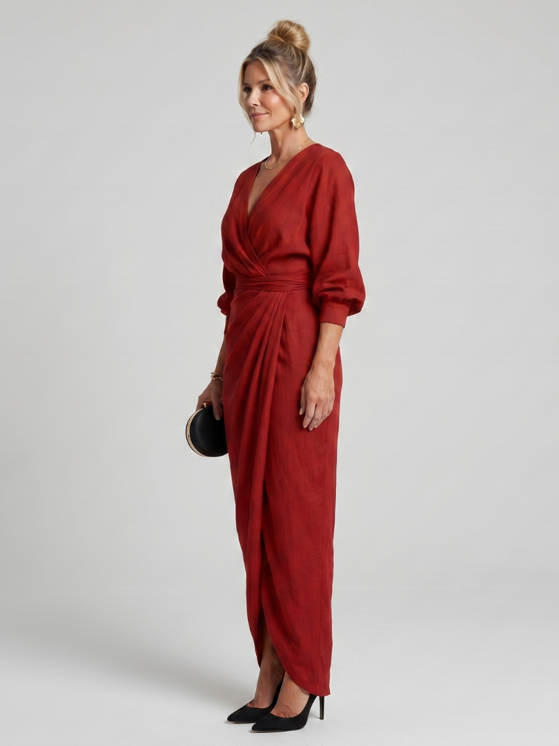 Fábula | Vestido Midi de Manga Larga con Cuerpo Envolvente