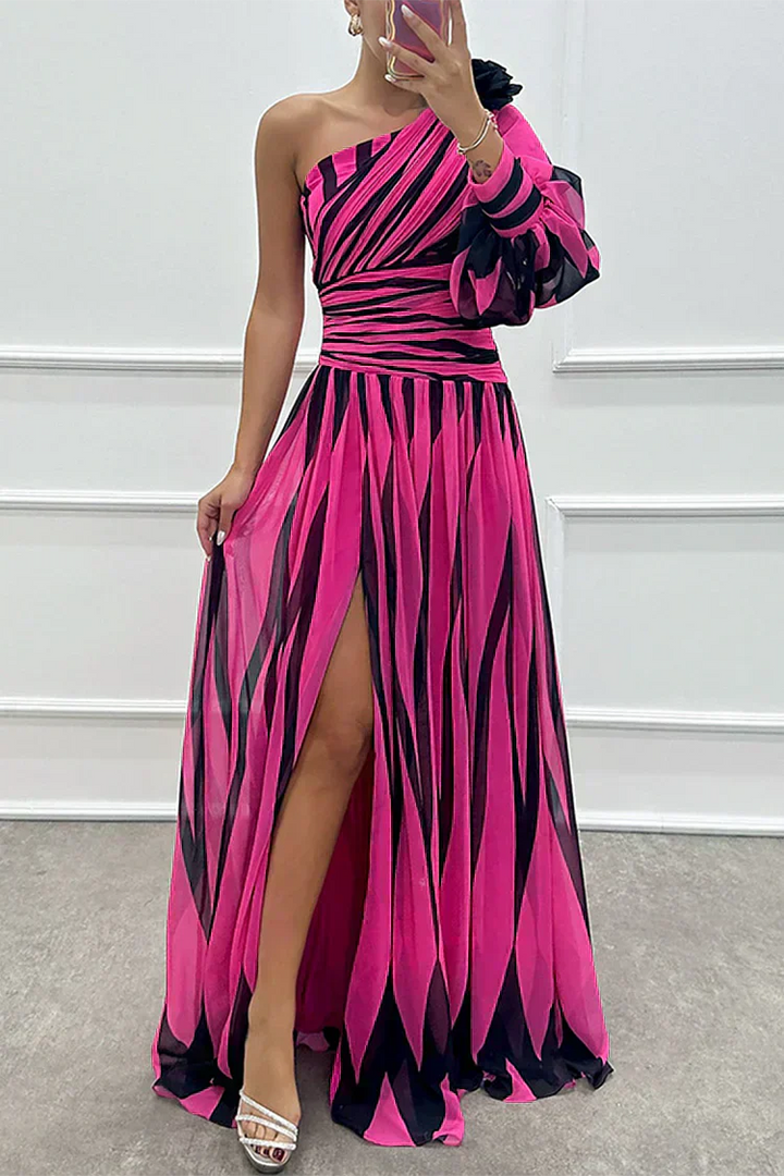 Ellis & Johnson™ | Elegante Vestido Maxi a Rayas de Un Hombro