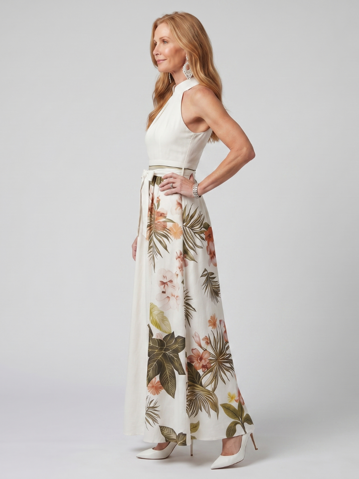 Meadow | Vestido Maxi de Panel Botánico con Cuello Halter Drapado