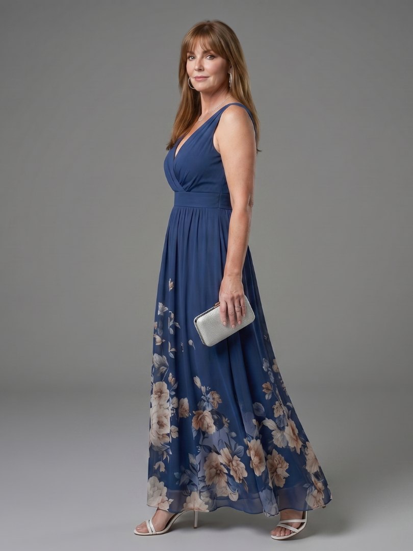 Clarissa | Vestido midi sin mangas con escote en V y dobladillo floral suave
