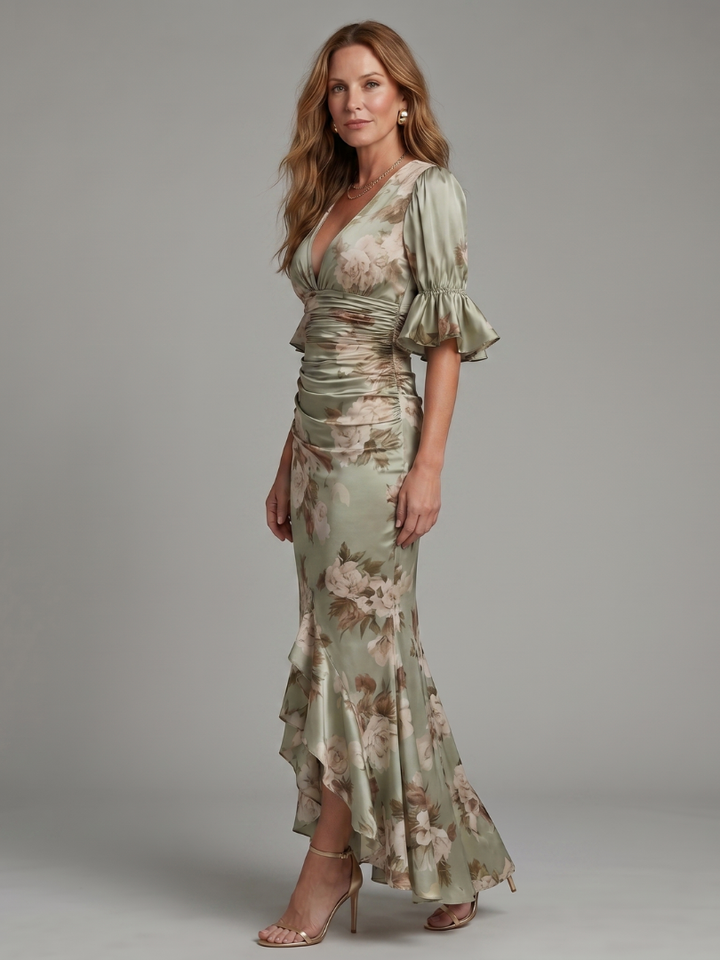 Palma | Vestido Midi de Manga Corta con Escote en V y Cintura Ajustada