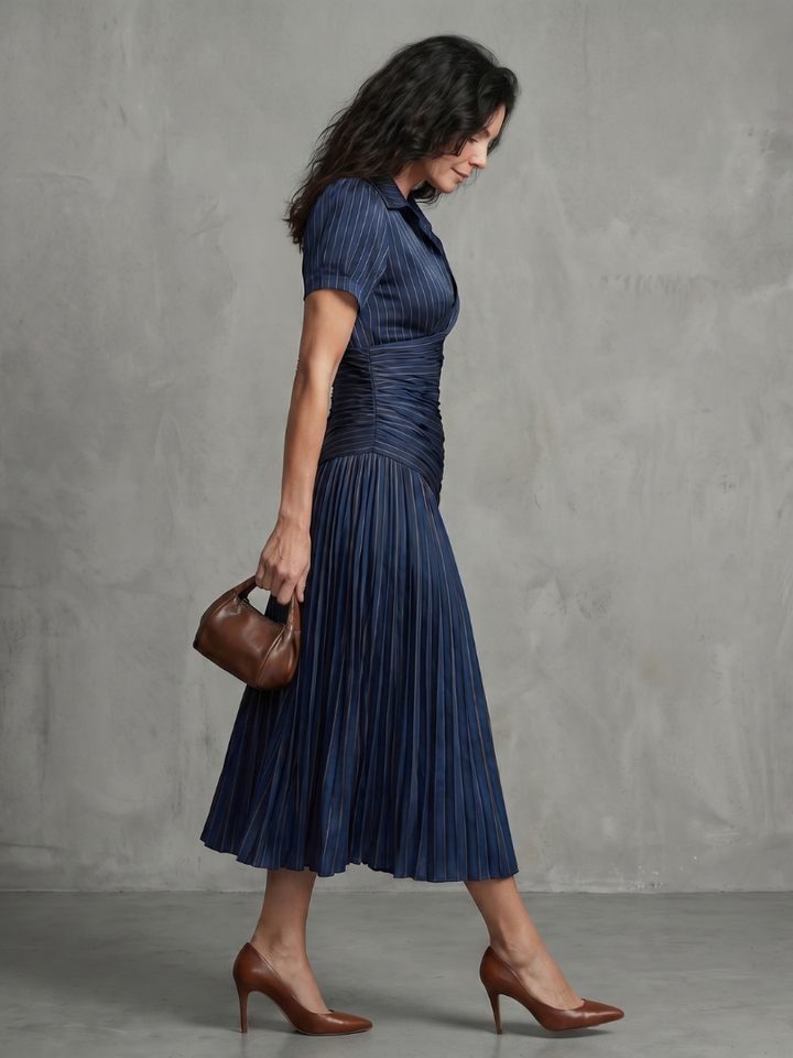 Theodora | Vestido midi con cintura fruncida y rayas