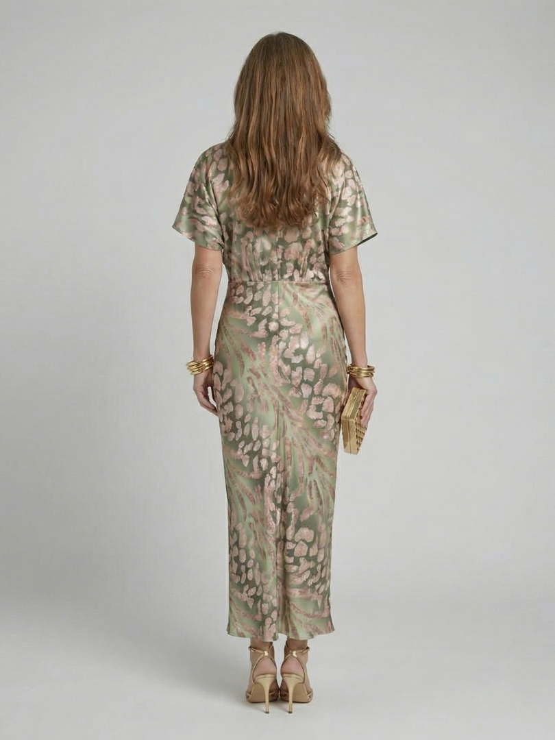 Ellis & Johnson™ | Vestido Midi con Escote en V y Cintura Torcida de Estampado Abstracto