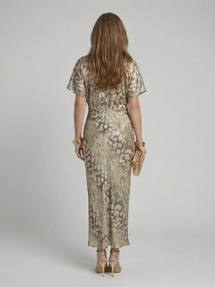 Ellis & Johnson™ | Vestido Midi con Escote en V y Cintura Torcida de Estampado Abstracto